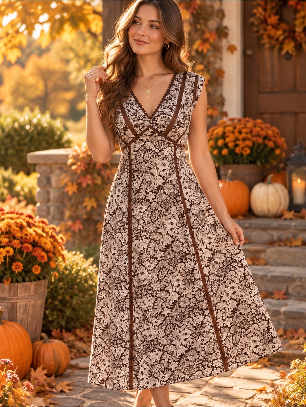 Her Lip To Brown Cream Floral Lace Trim Midi Dress Size S